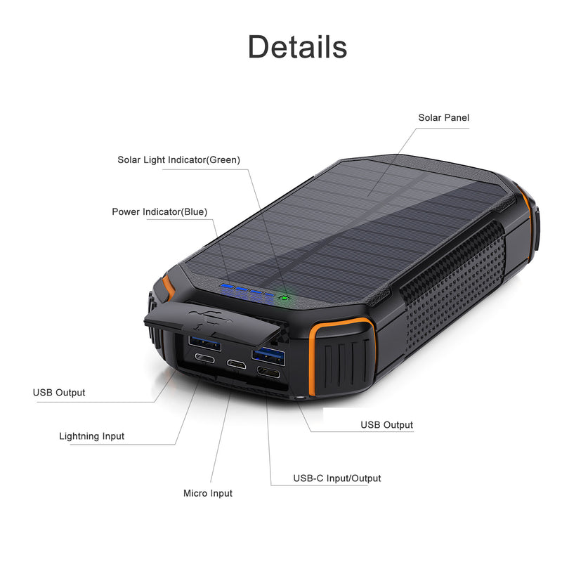 30000mAH PD20W QC3.0 Fast Charge & Wireless Charging Solar Power Bank Built in Cables with LED Lights