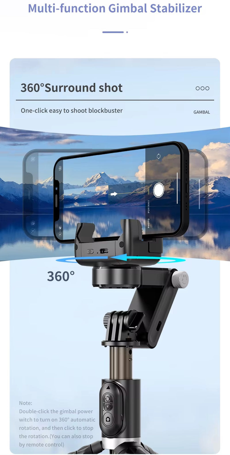 Auto Face Tracking 360° Gimbal Bluetooth Stabilizer Flexible Selfie Stick Tripod LED Fill Light - Q18