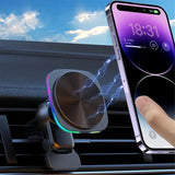 15W RGB LED Light Magnetic Car Wireless Charger Air Vent Phone Holder For iphone 15 14 13 12