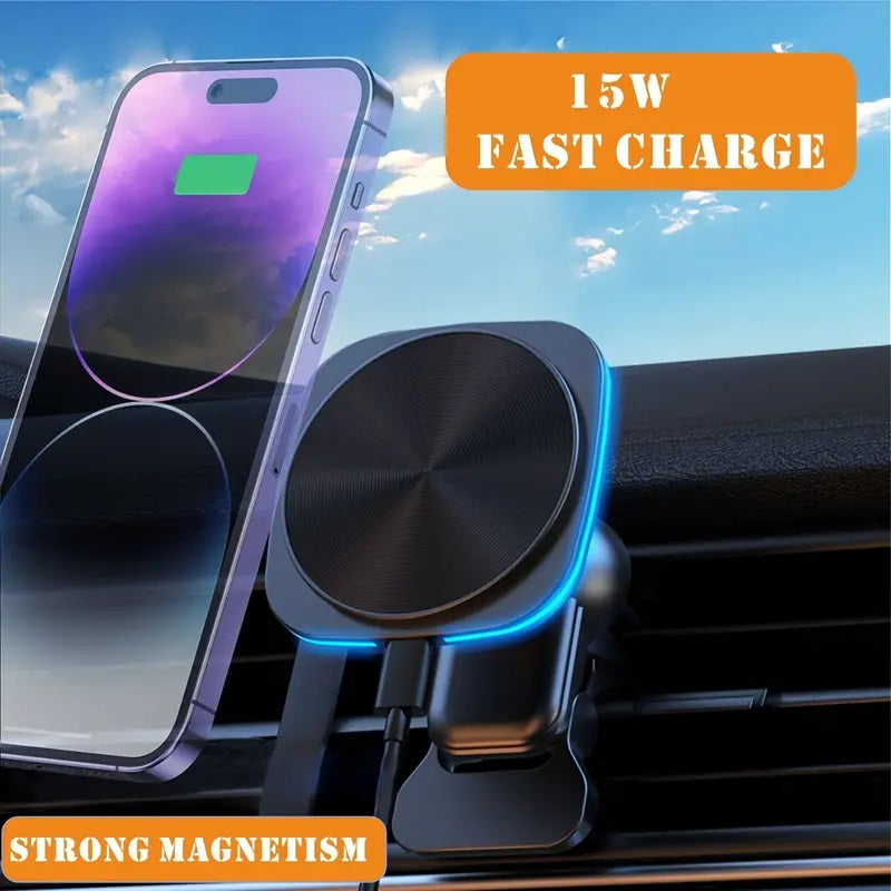 15W RGB LED Light Magnetic Car Wireless Charger Air Vent Phone Holder For iphone 15 14 13 12