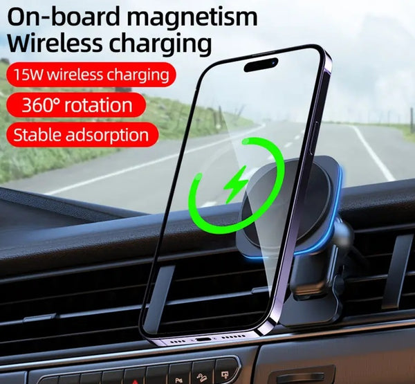 15W RGB LED Light Magnetic Car Wireless Charger Air Vent Phone Holder For iphone 15 14 13 12