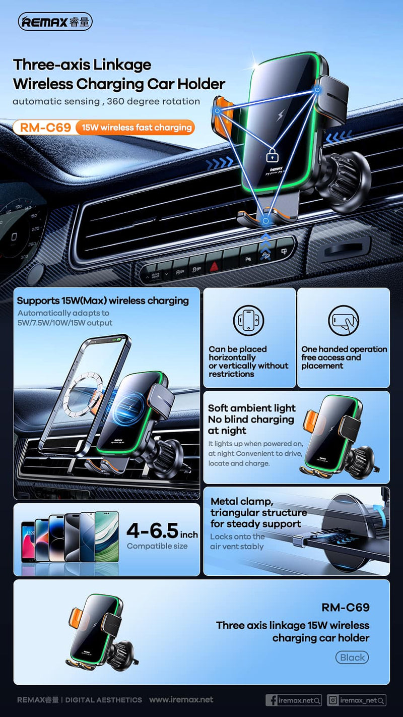 REMAX C69 15W Fast Charging Wireless Car Charger Phone Holder Smart Sensor Phone Holder