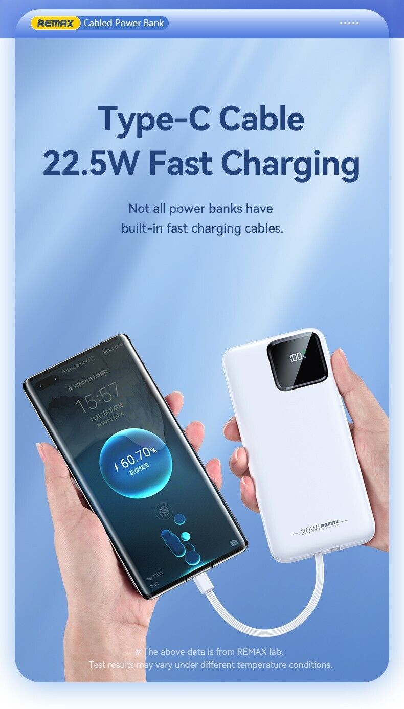 Remax RPP-513 Power Bank 20000mAH PD20W Quick Charge 3.0 Fast Charging with Cables & LED Light