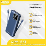 Remax RPP-513 Power Bank 20000mAH PD20W Quick Charge 3.0 Fast Charging with Cables & LED Light