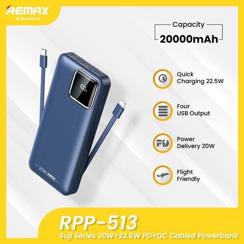 Remax RPP-513 Power Bank 20000mAH PD20W Quick Charge 3.0 Fast Charging with Cables & LED Light