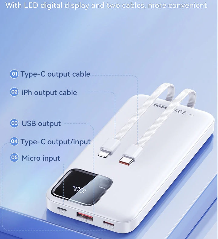 Remax RPP-513 Power Bank 20000mAH PD20W Quick Charge 3.0 Fast Charging with Cables & LED Light