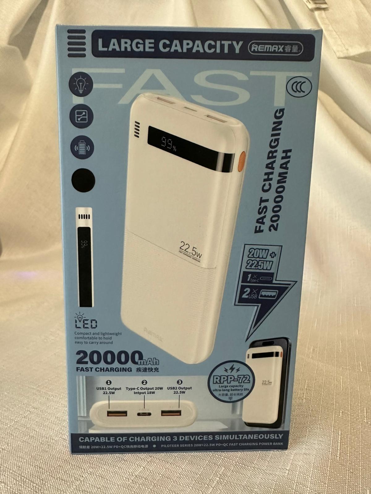 REMAX RPP-72 20000mAH Portable Power Charger Power Bank 3 output LED D ...