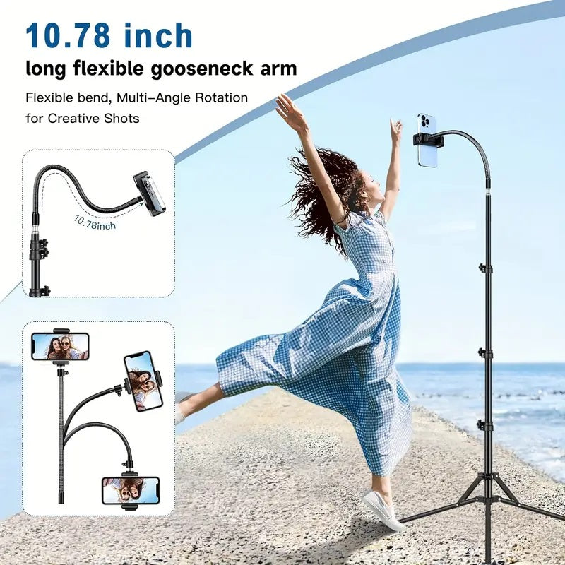 Universal Flexible Angle Height Adjustable Tripod with Goose Neck and 360° Rotatable Phone Clip