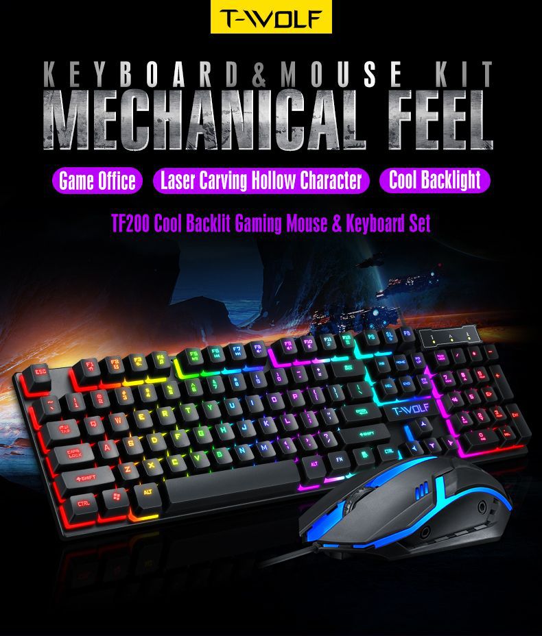 T-wolf Tf200 Gaming Keyboard Usb Floating Manipulator Feel Wired Gaming Keyboard And Mouse Set