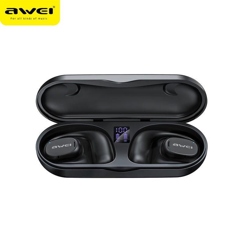 AWEI T69 Air Conduction Earphone bluetooth 5.2 HiFi Stereo 300mAh Battery IPX6 Waterproof LED Digital Display Ear-clip Sports Headphone