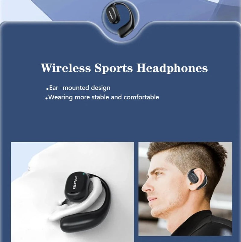 AWEI T69 Air Conduction Earphone bluetooth 5.2 HiFi Stereo 300mAh Battery IPX6 Waterproof LED Digital Display Ear-clip Sports Headphone