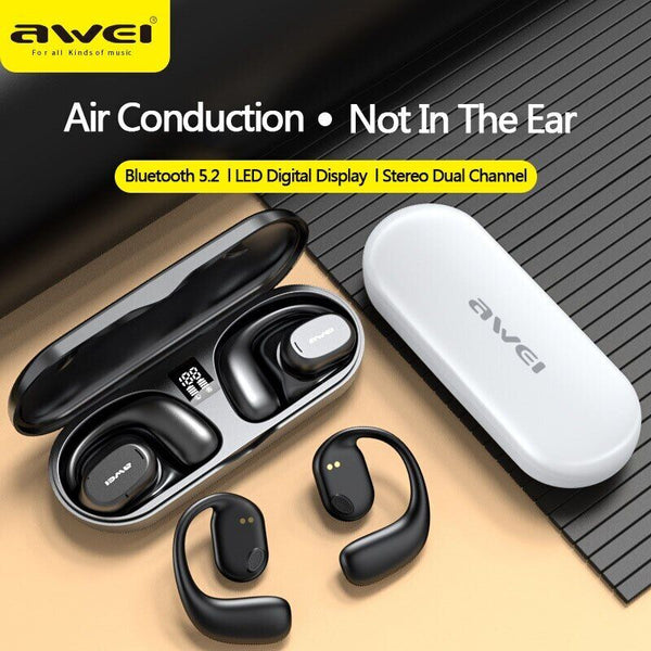 AWEI T69 Air Conduction Earphone bluetooth 5.2 HiFi Stereo 300mAh Battery IPX6 Waterproof LED Digital Display Ear-clip Sports Headphone