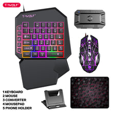 Load image into Gallery viewer, T-WOLF PUB G 5-in-1 Ergonomic LED Keyboard, Gaming LED Mouse, Converter Phone Holder with Mouse Pad Design
