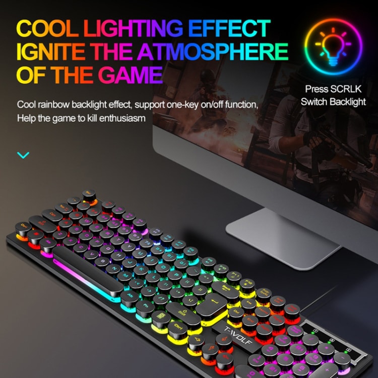 T-WOLF TF270 Colorful USB LED Light Effect Retro Gaming Wired Keyboard And Mouse Set