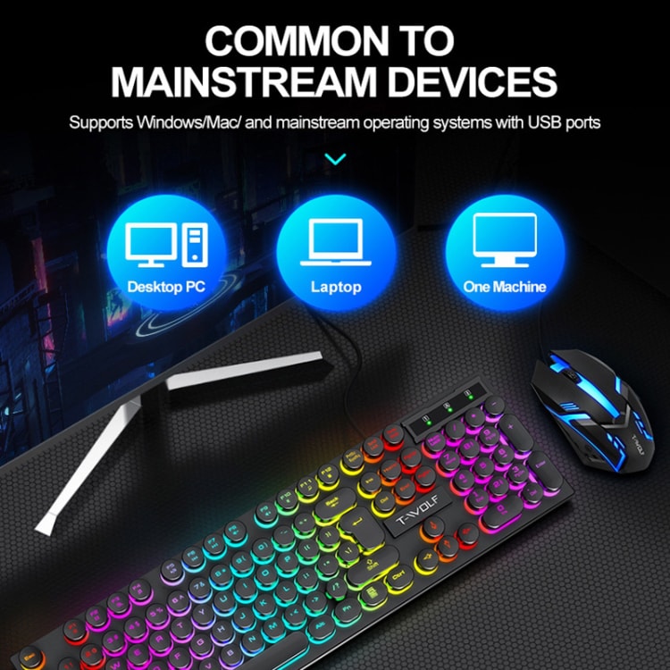 T-WOLF TF270 Colorful USB LED Light Effect Retro Gaming Wired Keyboard And Mouse Set