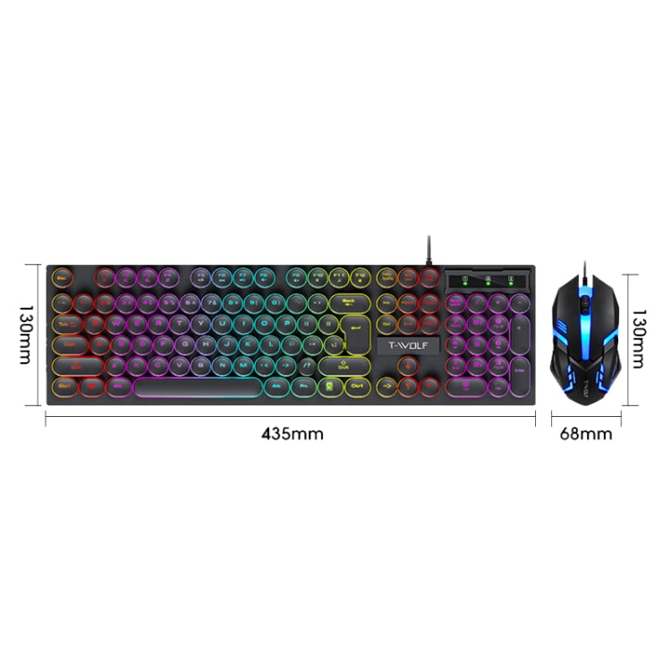 T-WOLF TF270 Colorful USB LED Light Effect Retro Gaming Wired Keyboard And Mouse Set