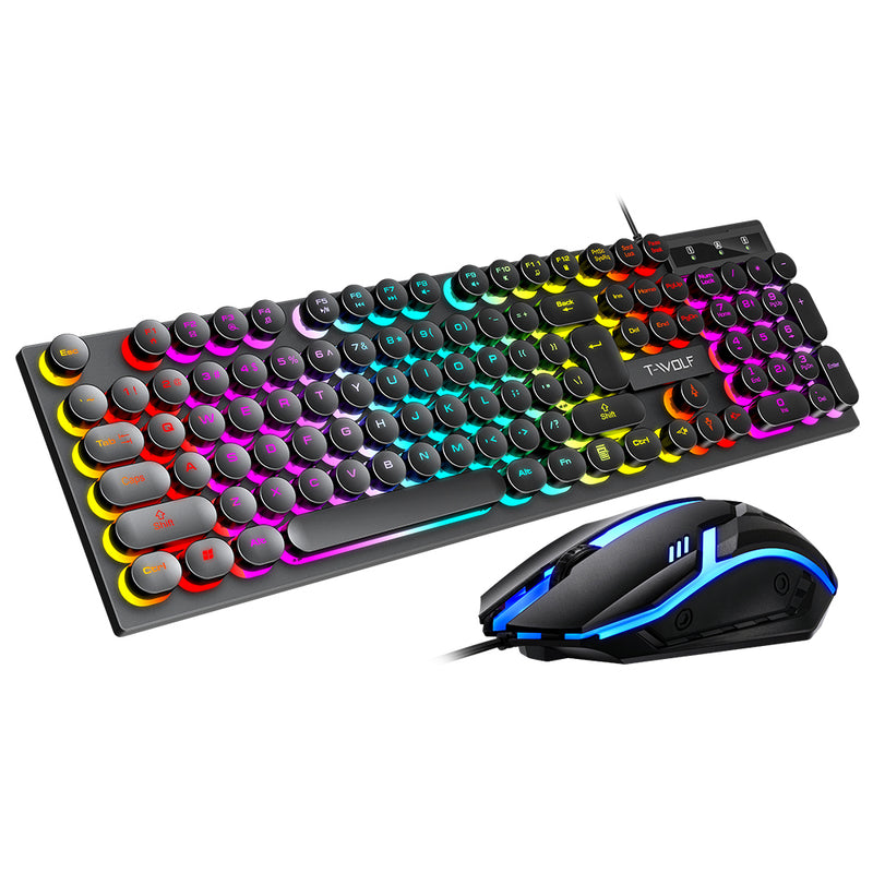 T-WOLF TF270 Colorful USB LED Light Effect Retro Gaming Wired Keyboard And Mouse Set