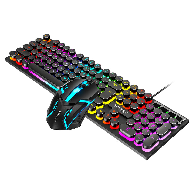 T-WOLF TF270 Colorful USB LED Light Effect Retro Gaming Wired Keyboard And Mouse Set