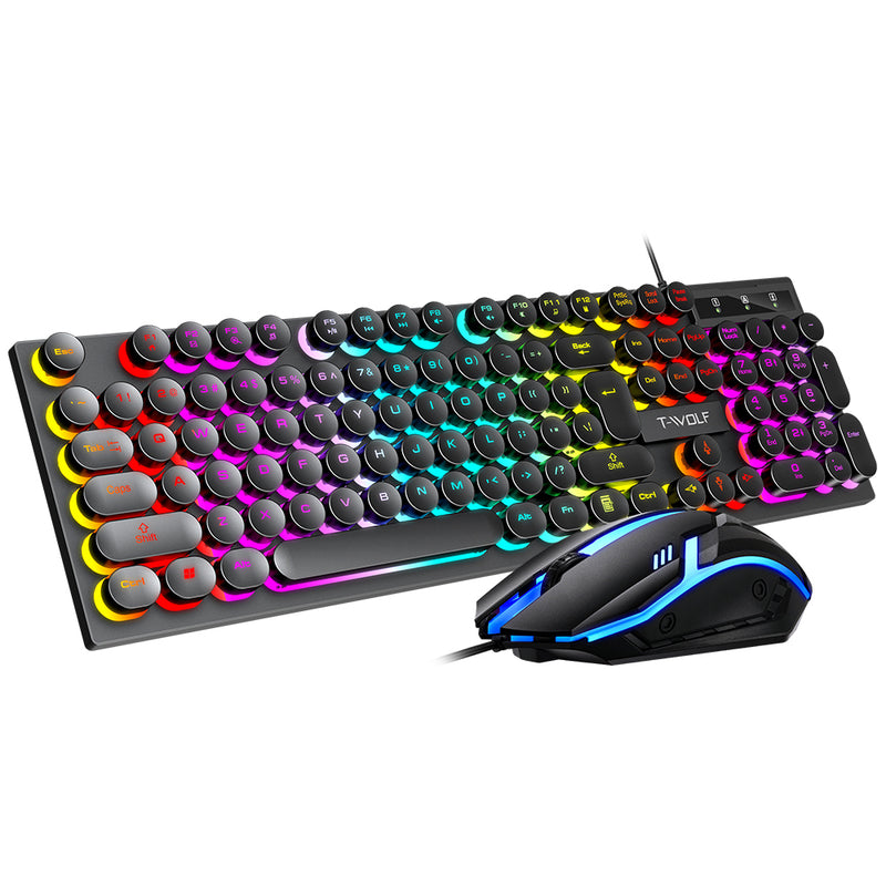 T-WOLF TF270 Colorful USB LED Light Effect Retro Gaming Wired Keyboard And Mouse Set