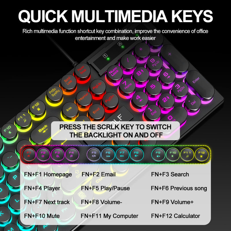 T-WOLF TF270 Colorful USB LED Light Effect Retro Gaming Wired Keyboard And Mouse Set