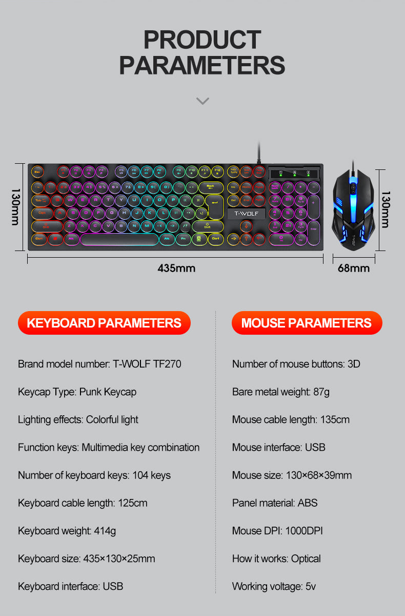 T-WOLF TF270 Colorful USB LED Light Effect Retro Gaming Wired Keyboard And Mouse Set