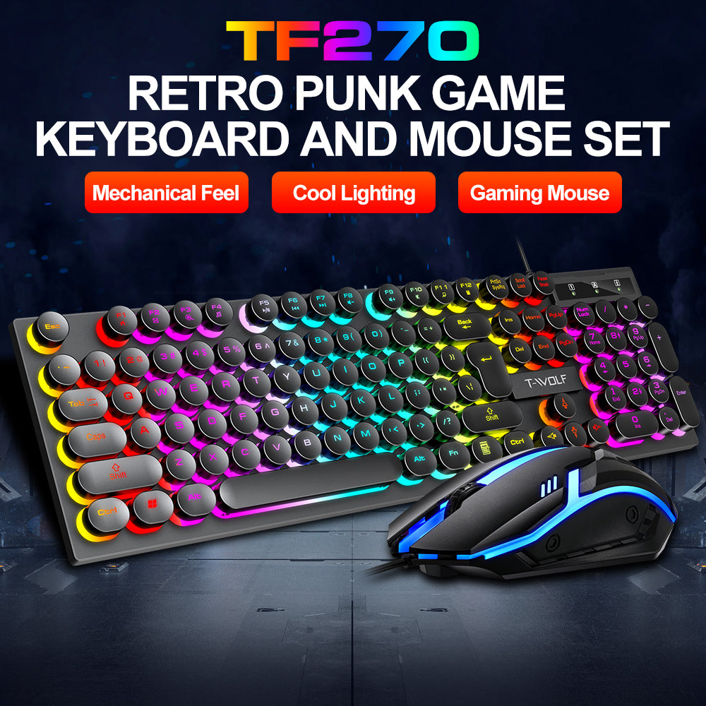 T-WOLF TF270 Colorful USB LED Light Effect Retro Gaming Wired Keyboard And Mouse Set