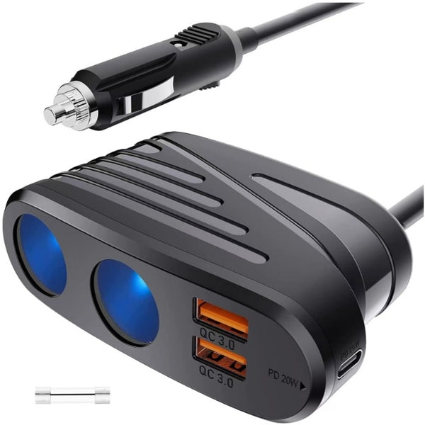 2 Sockets (2x60W) 2 USB Port (QC3.0) & 1 Type C PD 20W Output Car Power Adapter