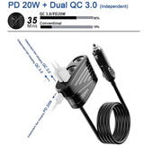 2 Sockets (2x60W) 2 USB Port (QC3.0) & 1 Type C PD 20W Output Car Power Adapter