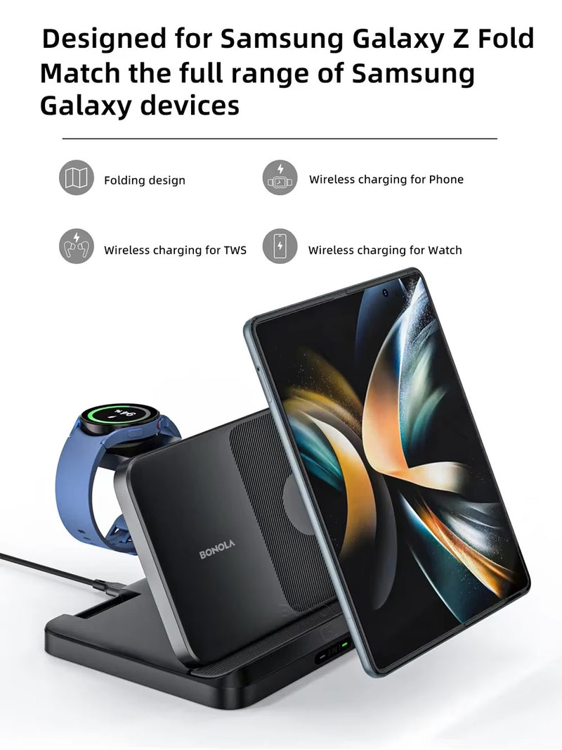 MESKY Wireless Charging Station for Samsung Galaxy z Fold 6/5/4/3/2, Foldable 3 in 1 Samsung Wireless Charger for Galaxy Z Fold/Galaxy Z Flip/Galaxy Watch/Galaxy Buds/Samsung Phone Fast Charging