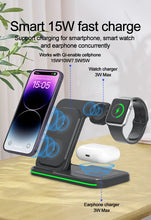 Load image into Gallery viewer, 15W Fast Charge 3 in 1 Wireless Charger, Foldable Wireless Charging Station for iPhone, iWatch and Airpods
