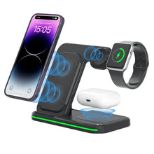 Load image into Gallery viewer, 15W Fast Charge 3 in 1 Wireless Charger, Foldable Wireless Charging Station for iPhone, iWatch and Airpods
