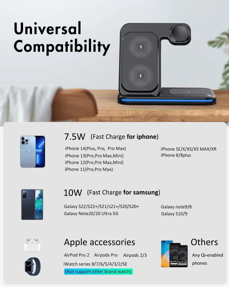 15W Fast Charge 3 in 1 Wireless Charger, Foldable Wireless Charging Station for iPhone, iWatch and Airpods