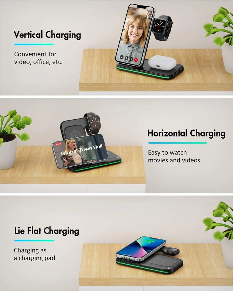 15W Fast Charge 3 in 1 Wireless Charger, Foldable Wireless Charging Station for iPhone, iWatch and Airpods