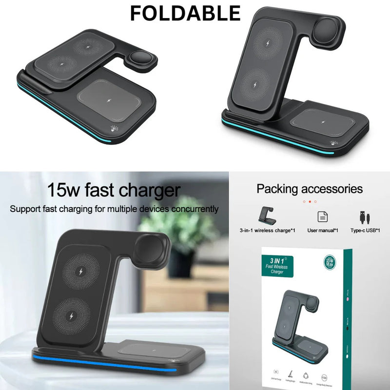 15W Fast Charge 3 in 1 Wireless Charger, Foldable Wireless Charging Station for iPhone, iWatch and Airpods