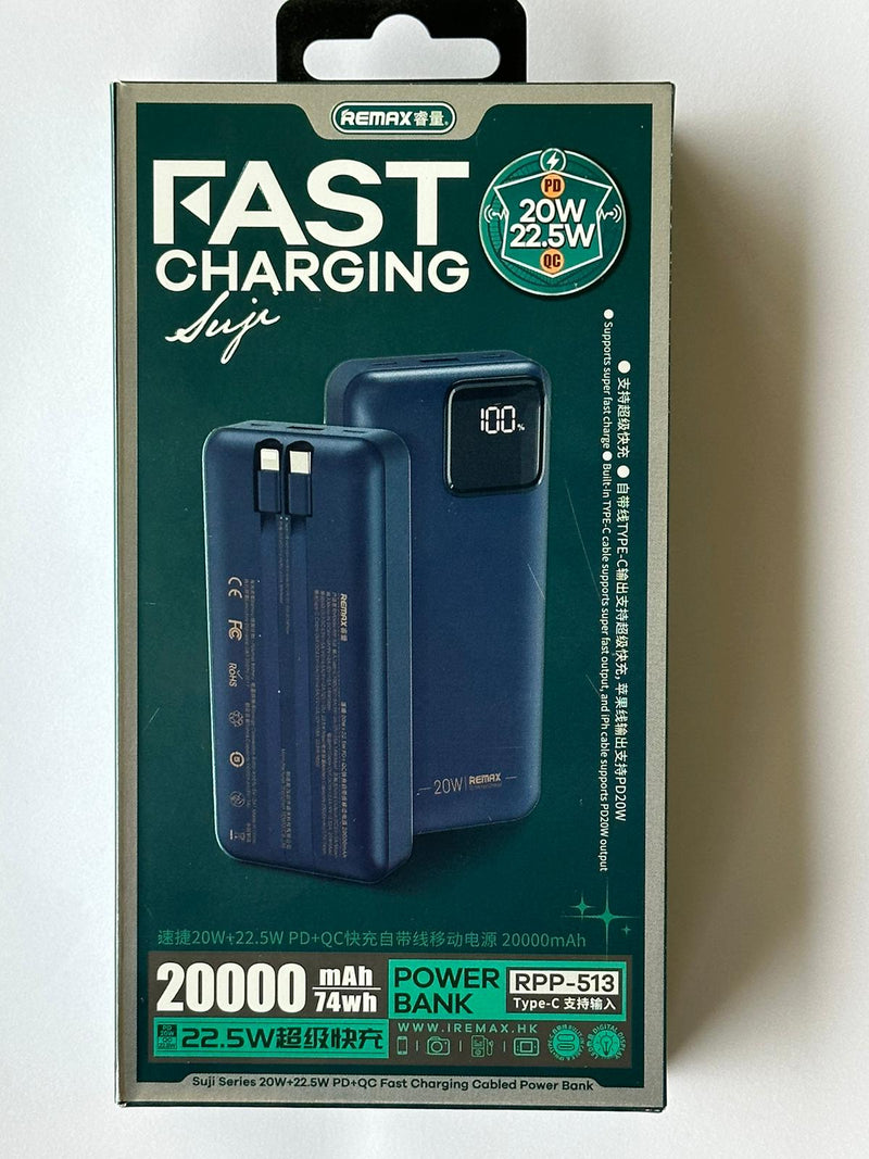 Remax RPP-513 Power Bank 20000mAH PD20W Quick Charge 3.0 Fast Charging with Cables & LED Light