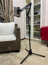 Load image into Gallery viewer, Universal Tripod Floor Stand with 360° Flexible Scissor Boom Arm Extendable to Height 180cm for Phone or Tablet
