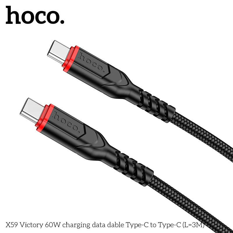 HOCO X59 1.0 Meter Fabric Braided Nylon Anti Bending USB Type C to C 60W 3A Fast Charging & Data Hotcync Cable