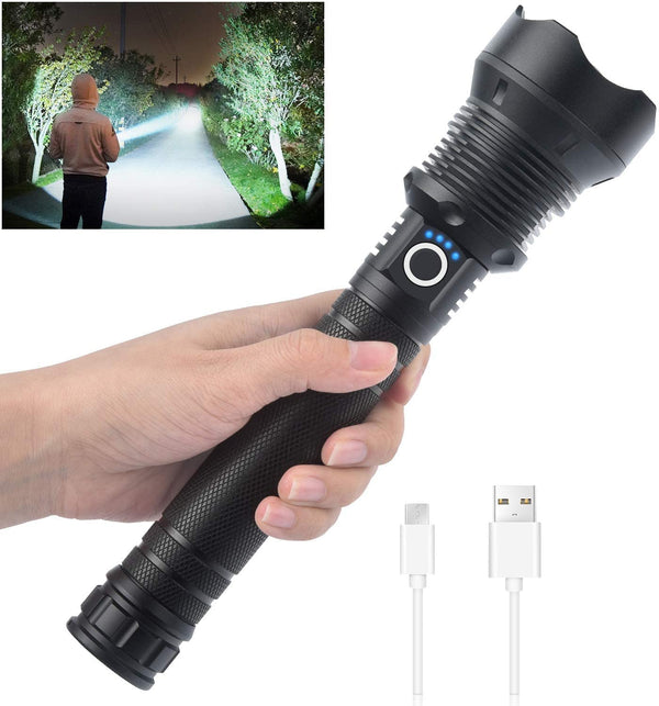 LED Rechargeable XPH70 6000 Lumens Ultra-Bright Zoomable Waterproof Powerful 3-Modes Tactical Flash Torch Light with 2 x 18650 Battery