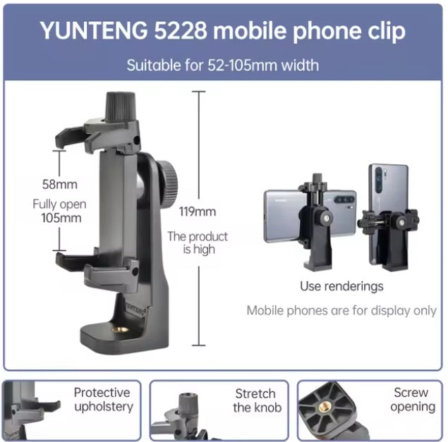 Yunteng 5528 Horizontal and Vertical Swivel Photo Cell Phone Clip Tripod Head Adapter Cell Phone Clip