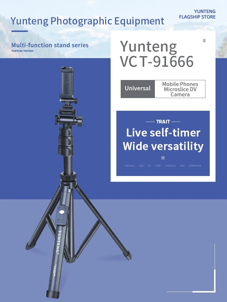 YUNTENG VCT-91666 Multifunctional Desktop Selfie Stick Tripod, Portable Floor Stand, Universal Travel Stand, All-in-1