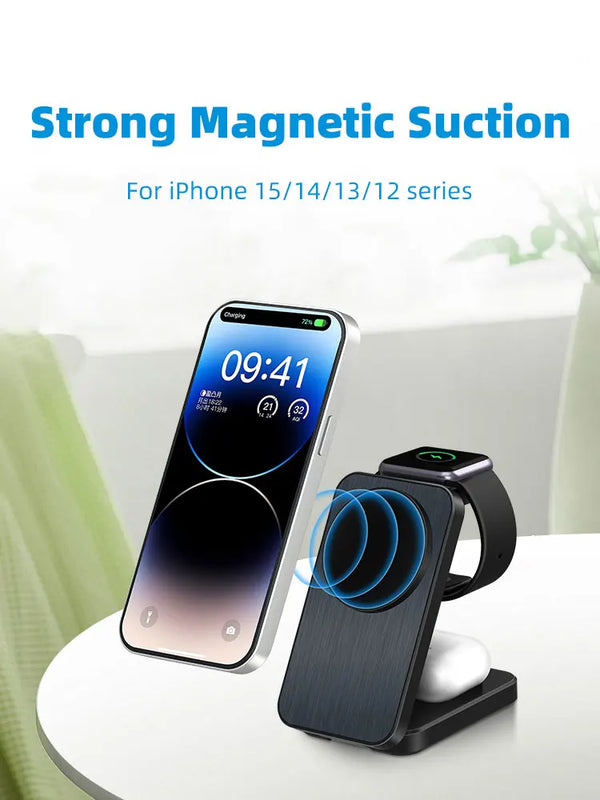 Magsafe Magnetic Fast Wireless Charger pad, iPhone Charging Station, 3 in 1 Charger Stand for Phone Watch and Earphone