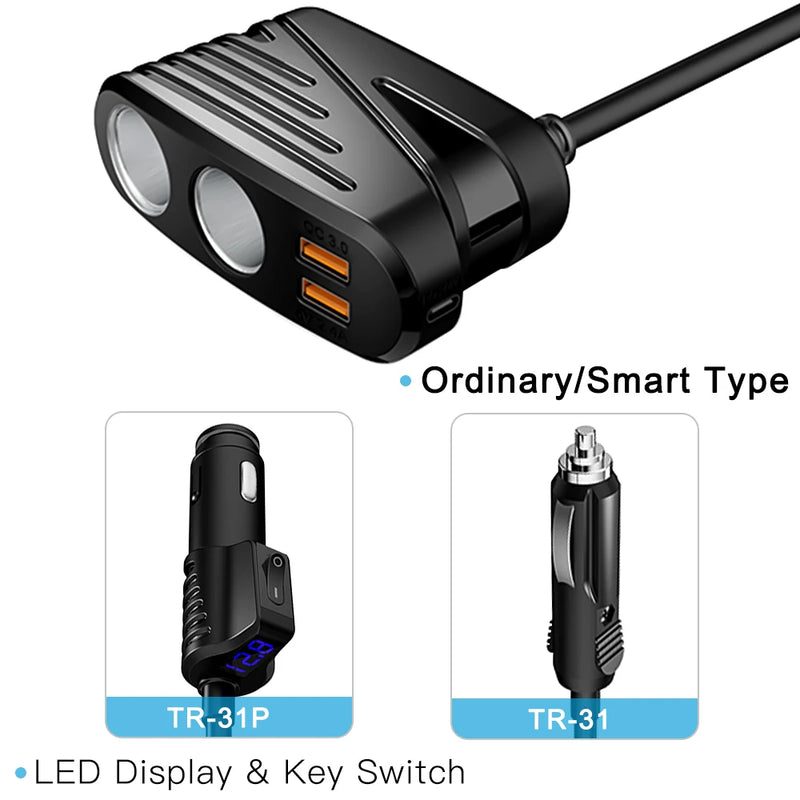 2 Sockets (2x60W) 2 USB Port (QC3.0) & 1 Type C PD 20W Output Car Power Adapter