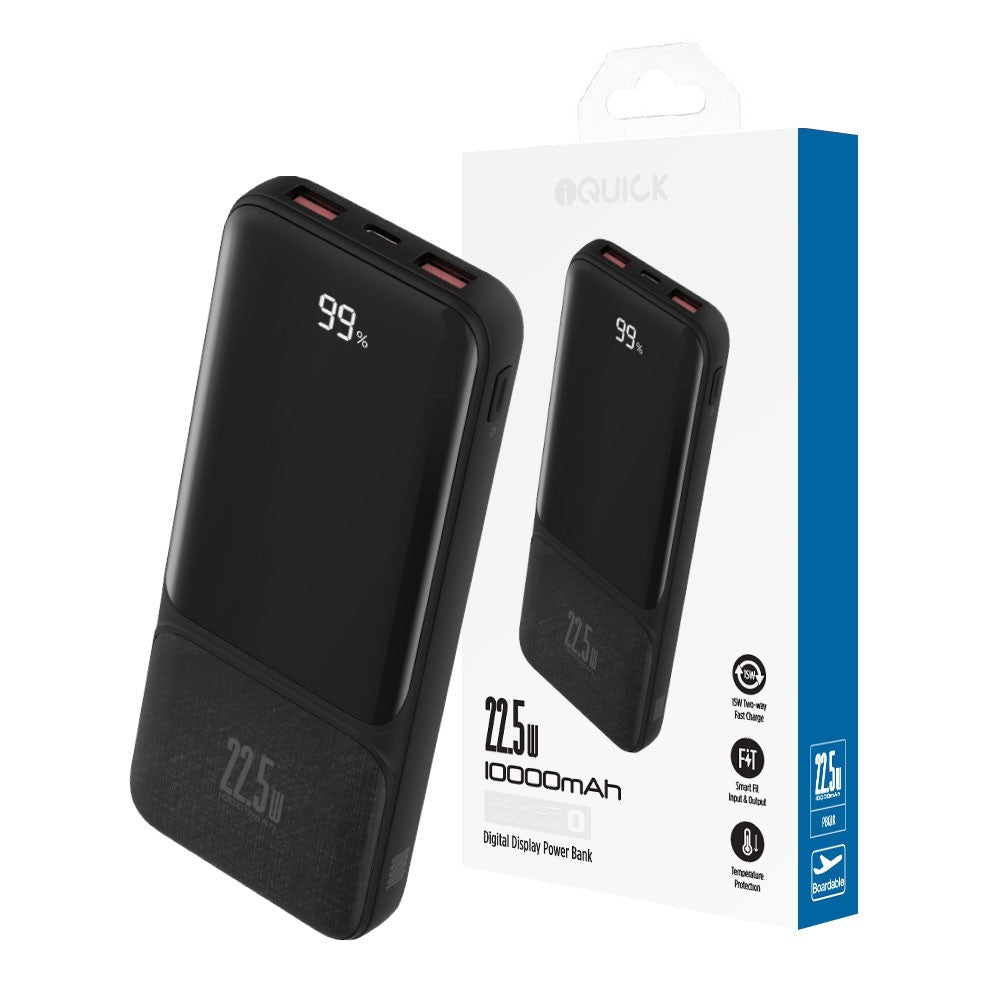 iQuick POWER SQUARE 0 Digital Display Power Bank 10000mAh 22.5W LED Display (1*USB Type-C/2*Type-A) - Black