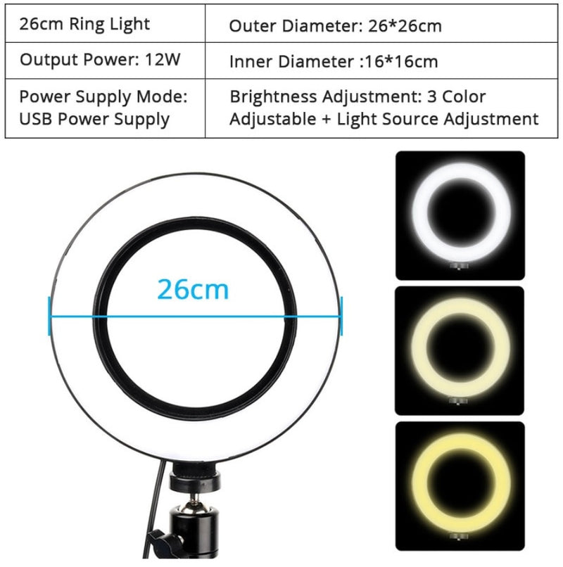 26cm/10" LED Ring Light, Dimmable, 3 Colour Modes USB Powered with Flexible Extendable Desk Stand