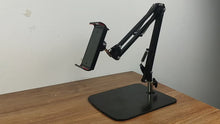 Load and play video in Gallery viewer, Table Bench Bed Side Phone &amp; Tablet Mount with Big Base Solid Metal (1.17kg) Flexible Arm 2x25cm support size up to 10&quot;
