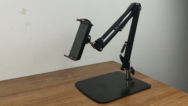 Table Bench Bed Side Phone & Tablet Mount with Big Base Solid Metal (1.17kg) Flexible Arm 2x25cm support size up to 10"