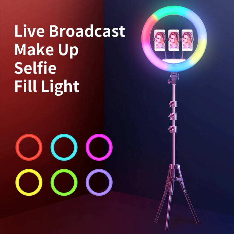 45CM/18.0 Inch RGB LED Ring Light, 3 Color Lights Dimmable, USB Powered with Tripod Stand Extendable to 2.1 Meter Height