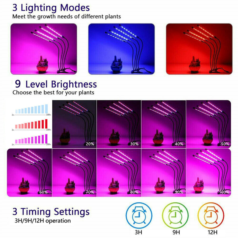 Full Spectrum (Blue, Red & White) 80 LEDs Grow Lights & Tripod Stand 2.1 Meter ,4 Heads Dimmable 4/8/12H Remote