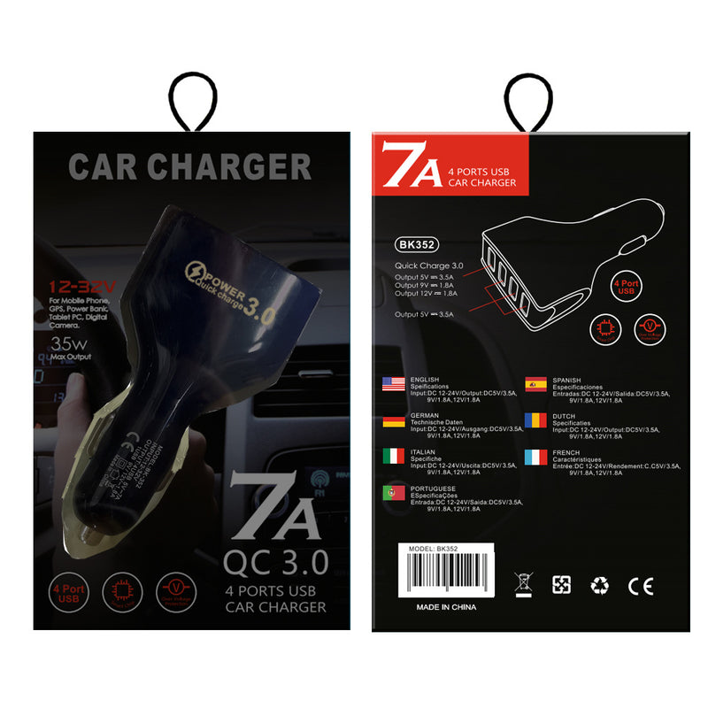 4 Port 7A 35W USB Car Charger Socket Adapter QC 3.0 5V 9V 12V Fast Quick Charge LED for Phone/Tablet/etc