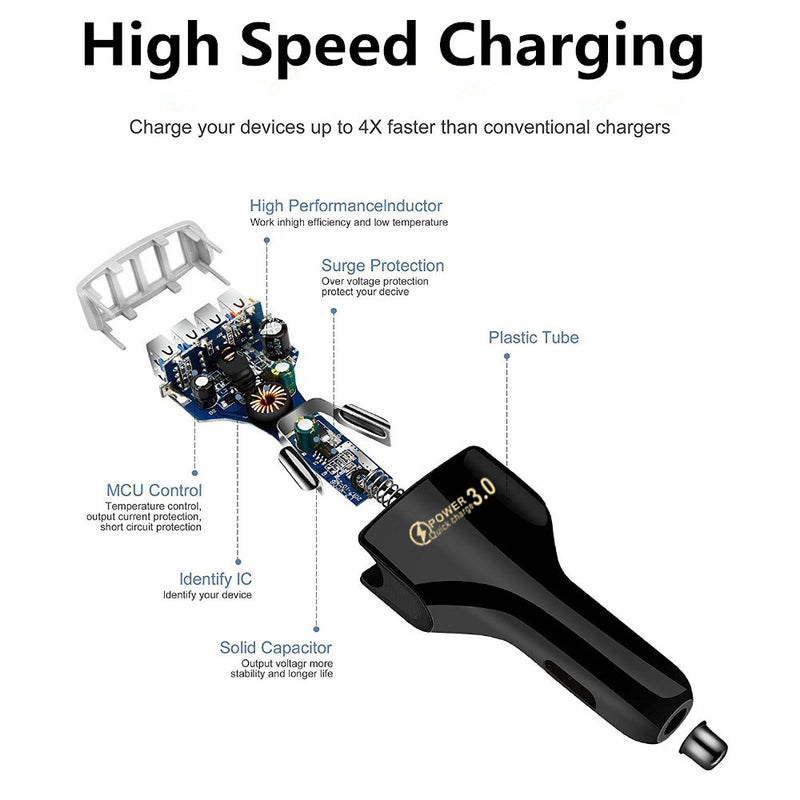 4 Port 7A 35W USB Car Charger Socket Adapter QC 3.0 5V 9V 12V Fast Quick Charge LED for Phone/Tablet/etc